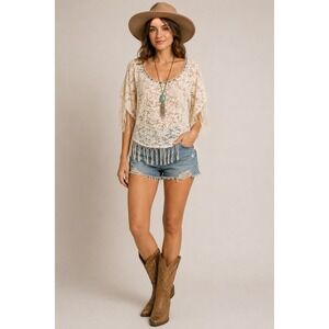 Boho Western Lace Fringe Festival Top Cowgirl Rodeo Blouse Medium BKE